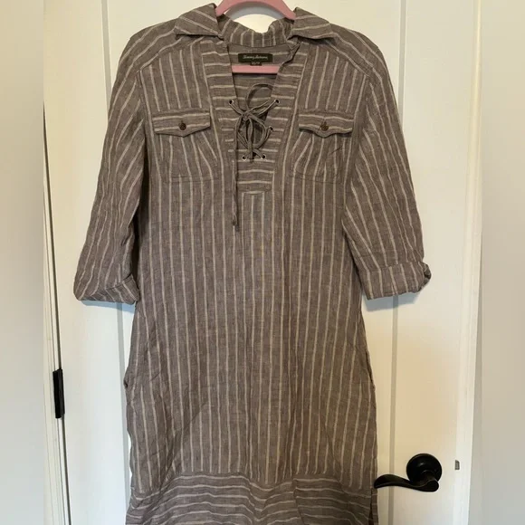 Tommy Bahama | Dresses | Tommy Bahama Xsmall Two Palms Stripe Shirt Dress  Linen Natural Brown | Poshmark